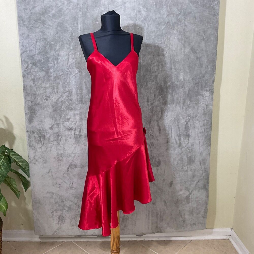 VTG Victoria's Secret Gold Label Slip Dress Asymmetric Red Satin Bow tassel M*